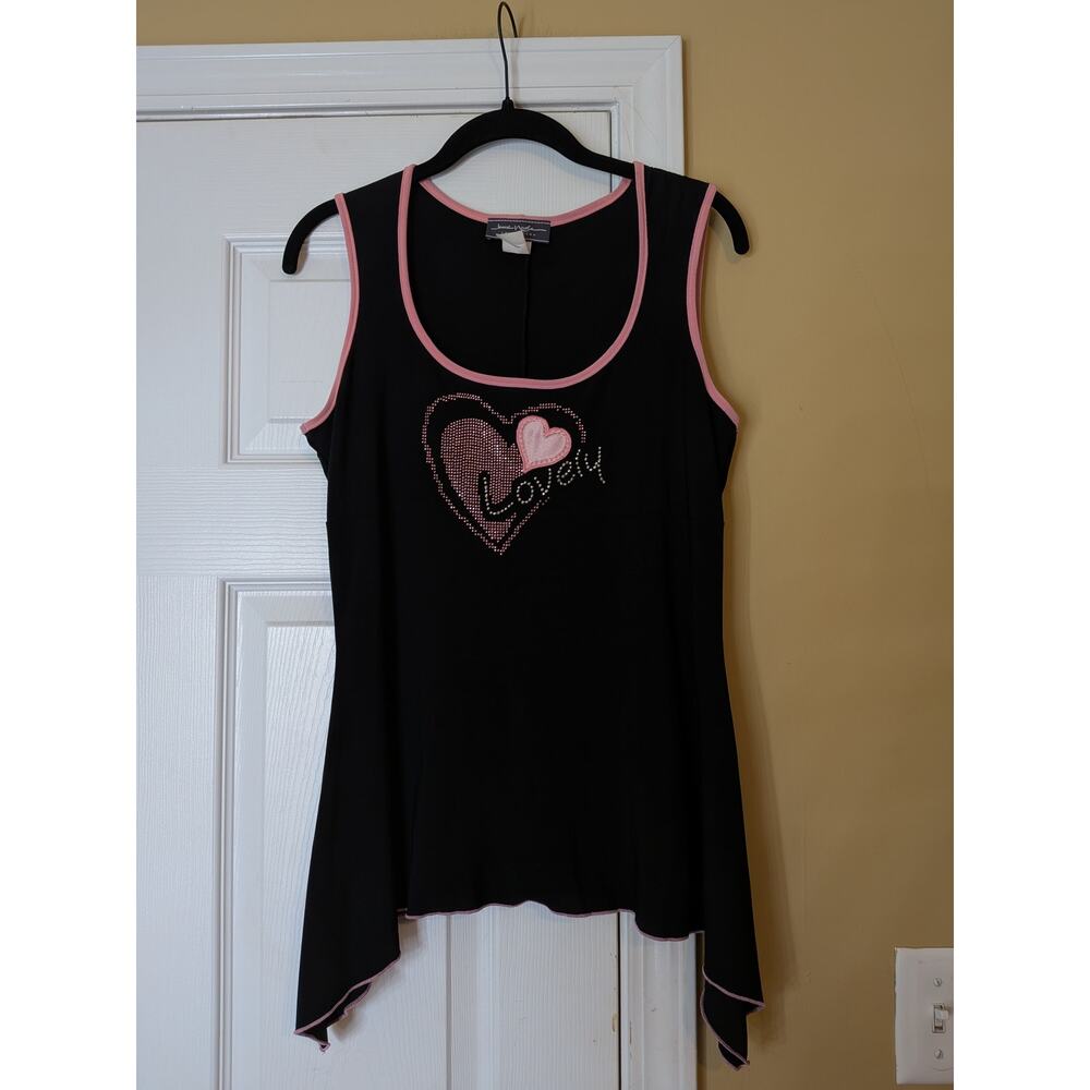 Y2K Jamie Nicole Black Pink Rhinestone Heart Asymmetrical Tank Top Size L grunge